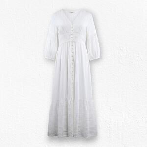 Anthropologie White Eyelet Button Front Puff Sleeve Boho Midi Dress Size 4